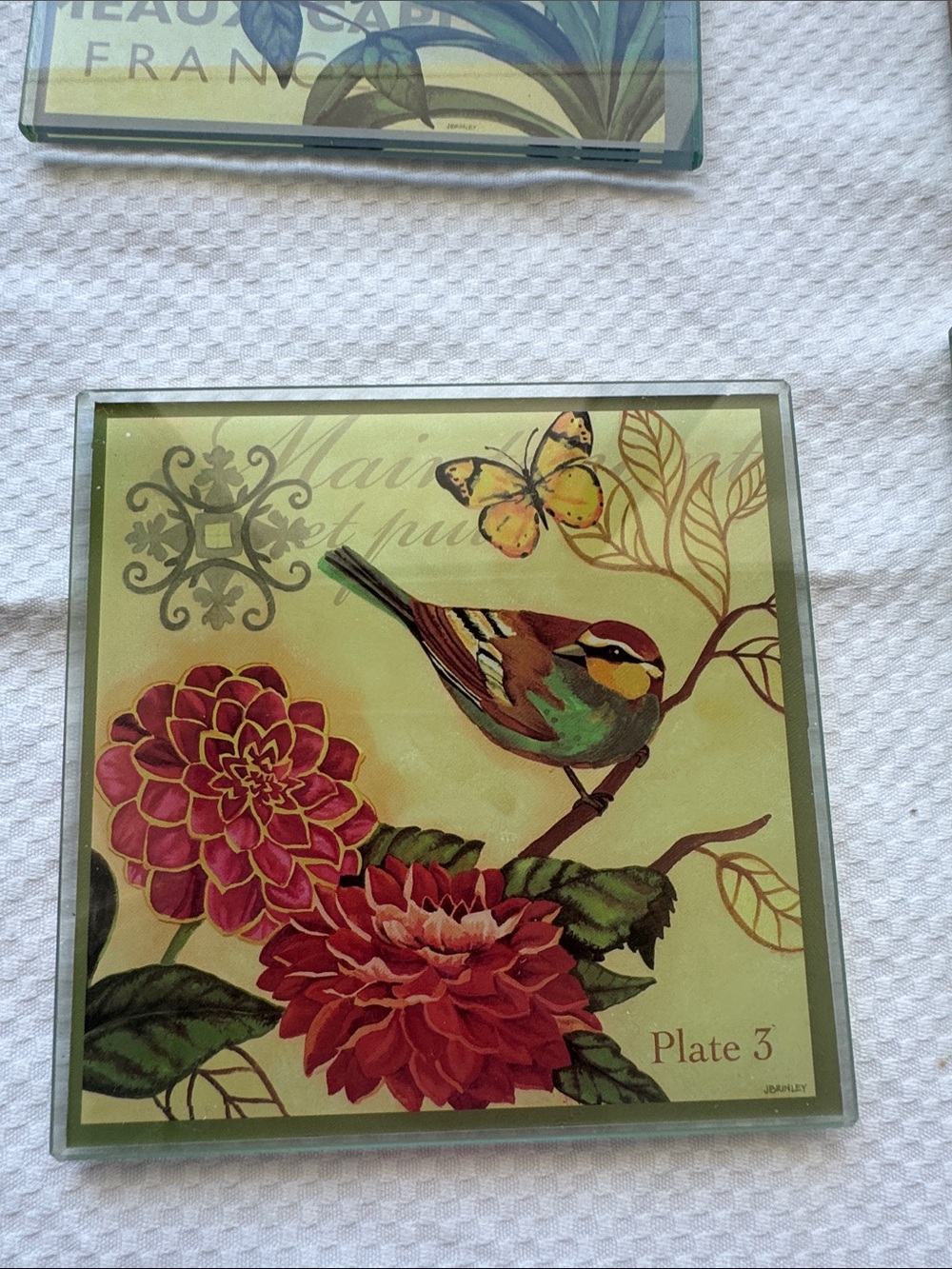 Set of 4 French themed glass bird coasters from Pier 1. - Picture 2 of 8
